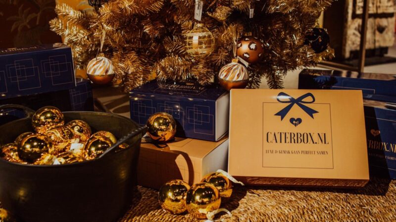 Caterbox onder de kerstboom met gouden aankleding