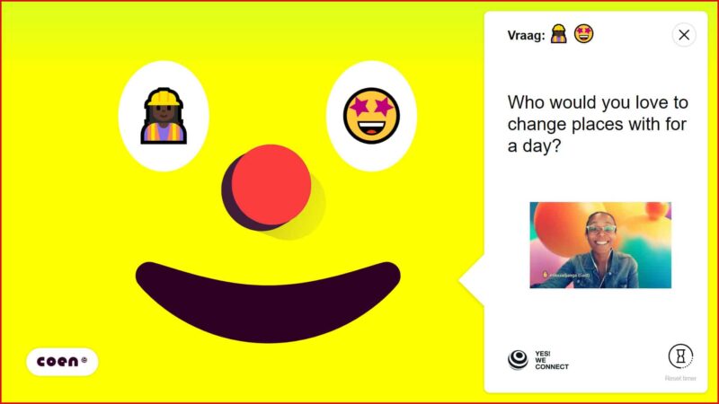 Yes! We Connect online event met moderator en gele smiley COEN voor interactie tussen medewerkers - Event Inspiration