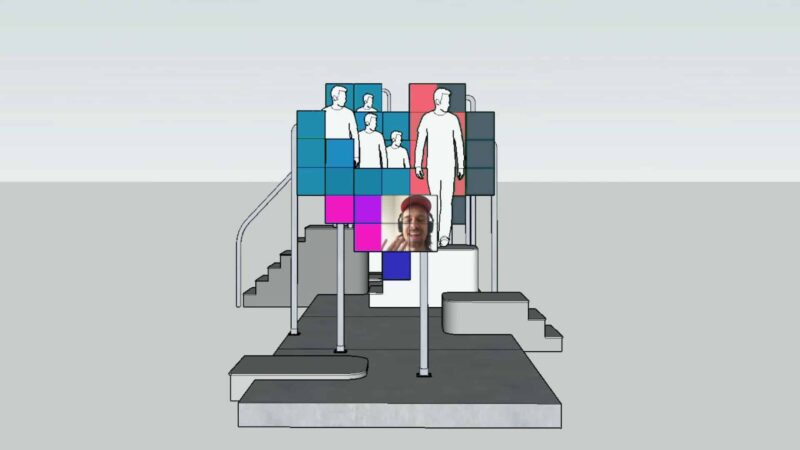 Kunstinstallatie Aldo brinkhoff met gekleurde schermen met mensen op trappen en een scherm met live beeld van Aldo
