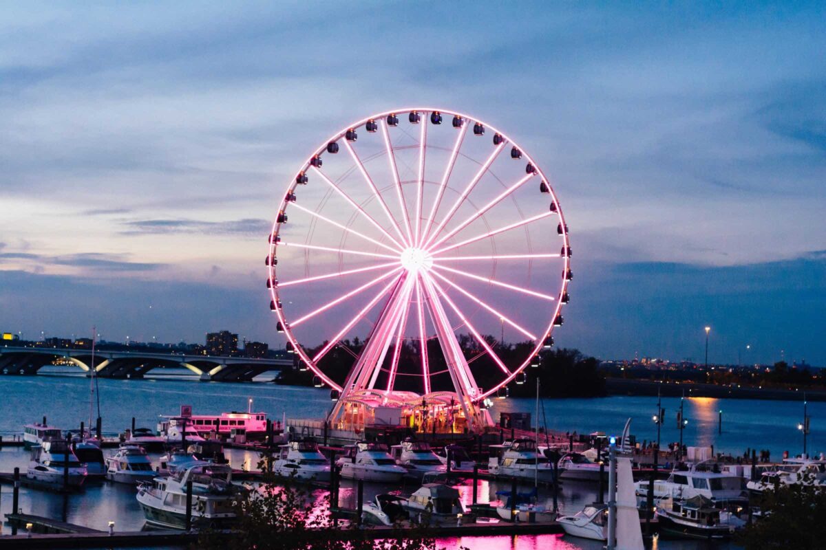 roze verlicht reuzenrad aan het water tijdens een evenement