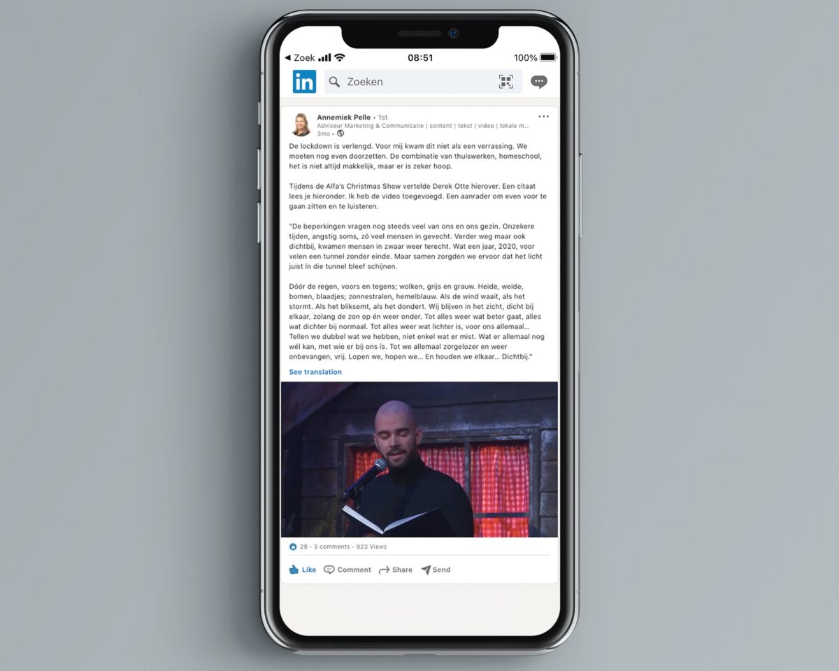 LinkedIn post van opdrachtgever effectgroep Annemiek Pelle