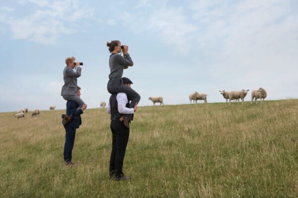Meet in Friesland - mensen met iemand op hun nek met een verrekijker in een landschap met schapen